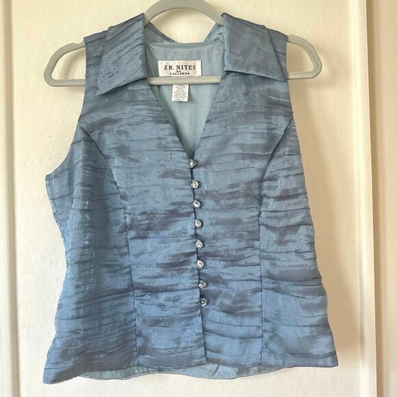 J.R. Nites Blue Shimmer Sleeveless Vintage Vest Size 12 with Rhinestone Buttons - Picture 1 of 4
